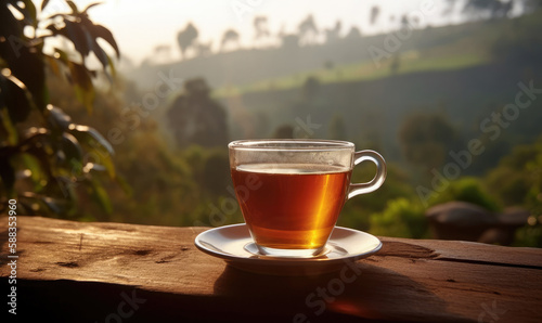Cup of hot tea with sacking on the wooden table and the tea plantations background, generative AI