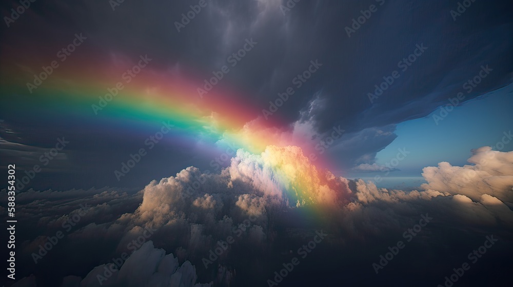 Rainbow in Blue sky with cloud. Beautiful landscape with multi colored with rainbow. Generative Ai.