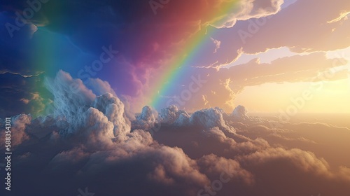 Rainbow in Blue sky with cloud. Beautiful landscape with multi colored with rainbow. Generative Ai.