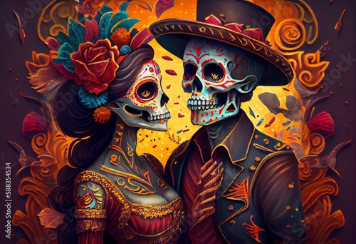 Dia De Los Muertos, Mexican Holiday Of The Dead And Halloween. Generative AI photo