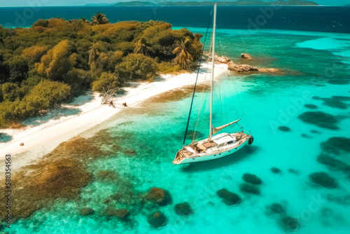 White sailing yacht in turquoise waters near a small tropical island. High quality generative ai © MVProductions