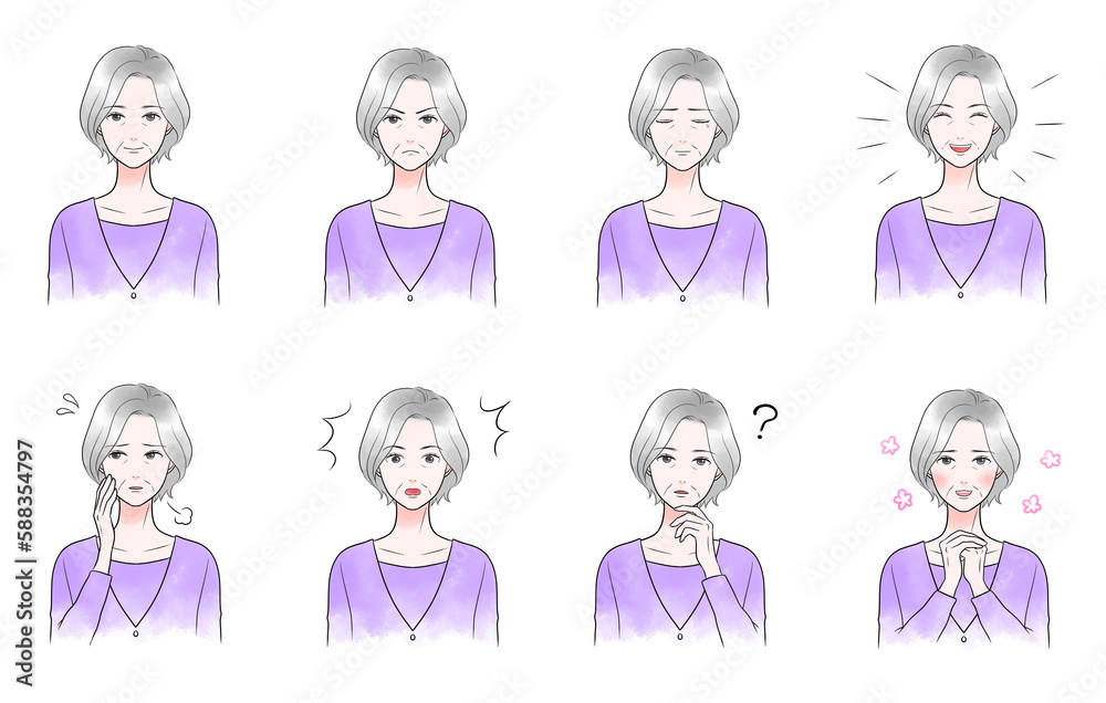Illustration set of elderly women with various expressions
