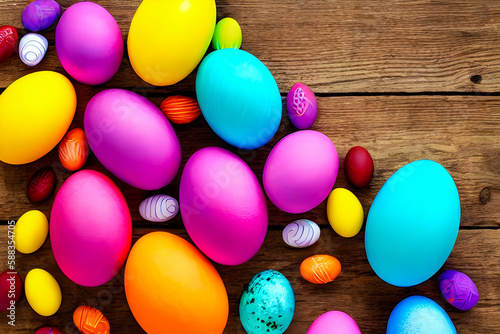 Colorful eggs on rustic background, Easter postcard, copy space available, created with Generative AI