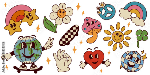 1970 Sticker Pack. Groovy Cartoon Rainbow, Daisy, Mushroom, Heart, Sun, Disko Ball, Earth on Skateboard, Stars, Peace, Clover. Hippie Retro Character style. Isolated Vector illustration.