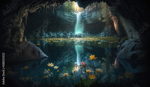 view from inside the cave. A crystal clear lake with luminous flowers. Bright flowers.