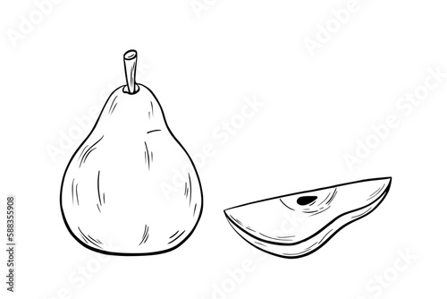 Pear and slice. Black and white vector illustration, sketch, pen and ink, freehand line drawing for logos, patterns, food design. On a white isolated background