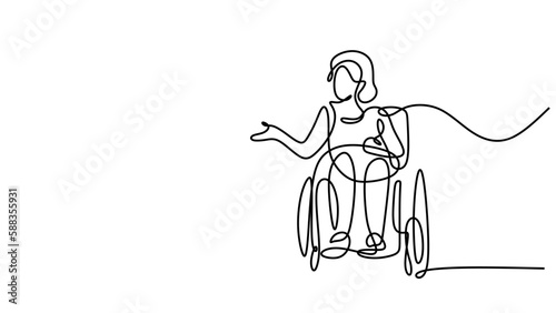 Woman on wheelchair vector, One line drawing illustration.
