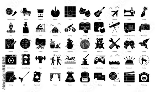 Hobbies Glyph Icons Activities Hobby Iconset in Glyph Style 50 Vector Icons in Black