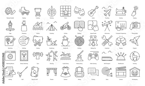 Hobbies Thin Line Icons Activities Hobby Iconset in Outline Style 50 Vector Icons in Black