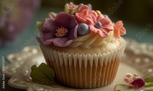 Cupcake for Mother's Day close-up, generative AI