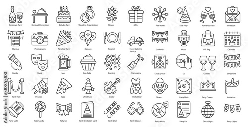 Party Thin Line Icons Dancing Festival Iconset in Outline Style 50 Vector Icons in Black