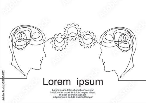 Heads of a man and gears , drawn in one line on a white background. One-line drawing. Continuous line. Vector
