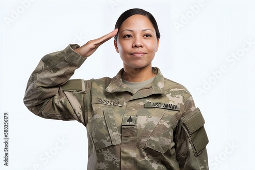 A fictional people. African american female soldier saluting on white background. Generative AI
