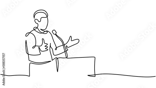Continuous line drawing people give a speech on podium. Minimalist vector illustration. Man talking to audience during event.