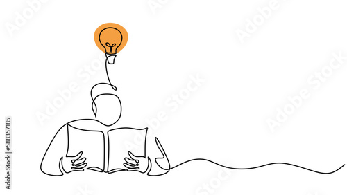 Man reading an interesting book. Continuous line drawing style, Hand drawn vector design illustration.