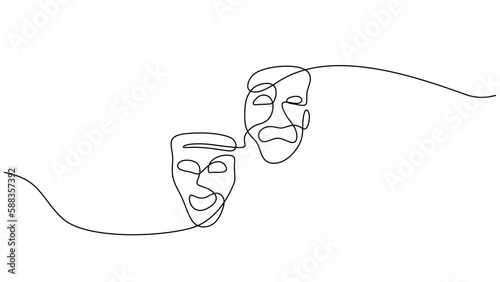 Theater mask one line drawing, opera event symbols continuous hand drawn.