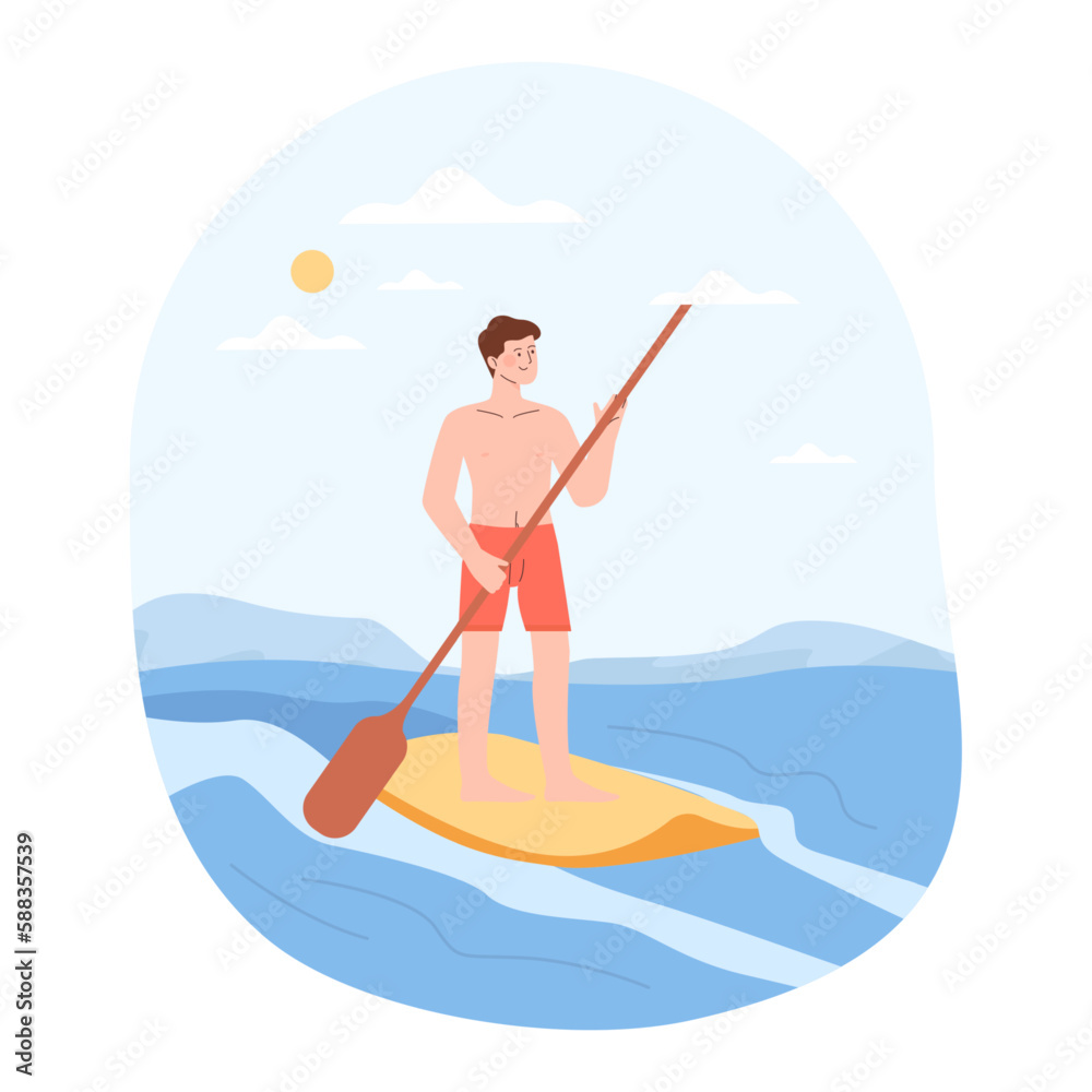 Summer beach sport. Character standing on paddle boards in sea or ocean
