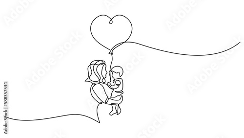 Mother baby one line drawing, holding heart balloon continuous single hand drawn vector. Illustration of mothers day design isolated on white background