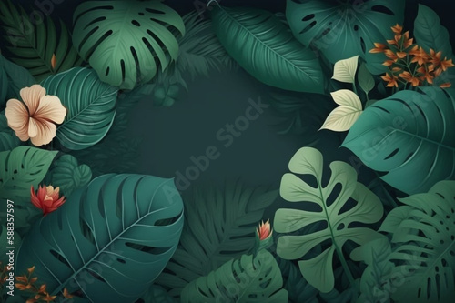 Lush Tropical Floral Leaves in Deep Green Background generative ai
