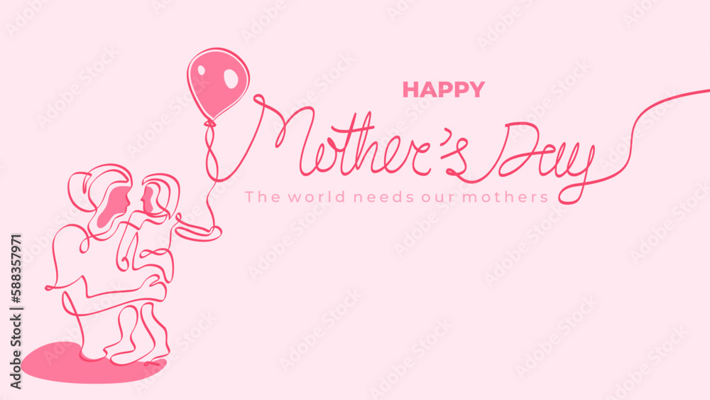 Continuous line drawing mothers day vector banner card. Mother with baby in happy moment. Celebration design pink colors background.