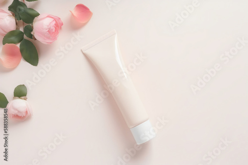 A stunning, high-resolution flatlay photograph featuring a single elegant beauty product tube with a blank label, perfect for mockups and beauty blogs