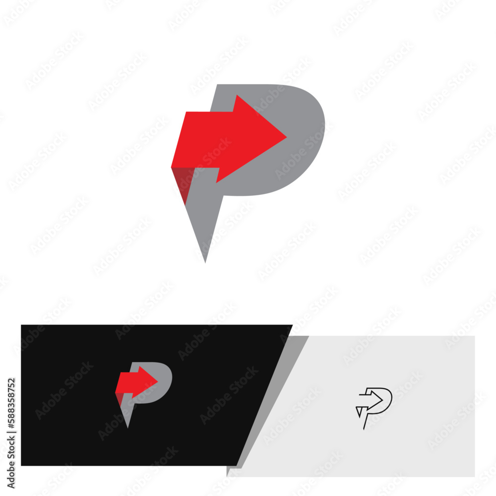 Letter P logo with arrow pointer with red and grey color with outline variant Letter P logo with arrow pointer with red and grey color with outline variant