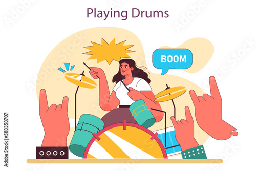 Character playing drums. Creative hobby positive effect. Drummer