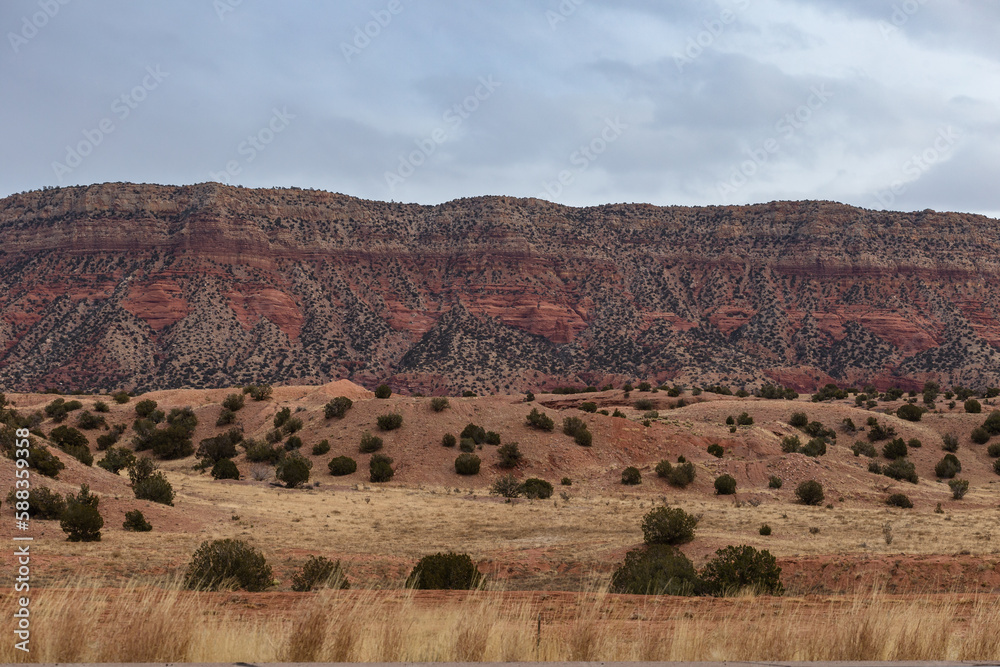 Stunning brush covered red rock cliff face with tall grass and overcast sky in the high desert