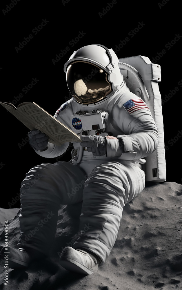 Astronaut seated on lunar surface engrossed in reading a book, blending space exploration with leisurely activities.