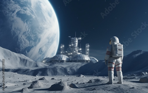 Lone astronaut stands near a large lunar base, illustrating advancements in space colonization and exploration technology. © Liana