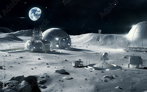 Illustration of a new space station on the moon. Lunar base with advanced infrastructure sits under a clear night sky, illustrating the future of space colonization.