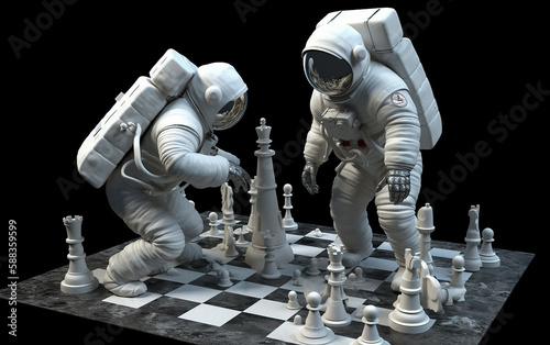 Two astronauts play chess on the moon. Two astronauts deeply engaged in a challenging game of chess in a monochrome setting, showcasing relaxation in space.