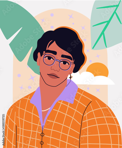 Young man portrait with tropical leaves background. Trendy hipster guy with earring. 