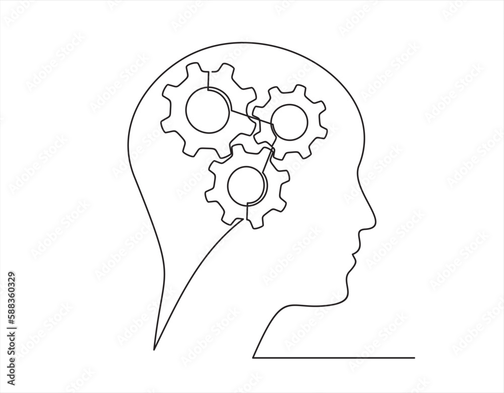 Head of a man with gears inside, drawn in one line on a white background. One-line drawing. Continuous line. Vector