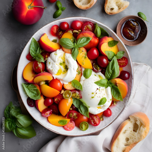 Burrata cheese salad with peaches, tomatoes, cranberries and basil on a gray background. Close up, top view. Healthy diet food concept. Generative AI photo