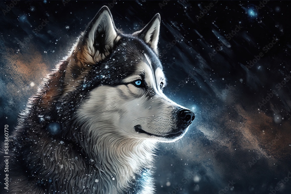 Glittering Arctic Majesty: A Fantasy Siberian Husky Illustration Generative AI