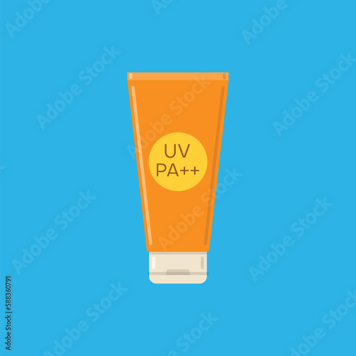 Sunscreen cream in tube symbol. Protection for the skin from solar ultraviolet light. Flat icon. Vector illustration isolated on blue background.