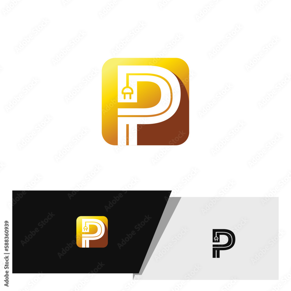 P letter logo power cord element and in gold color in rounded shape for electricity brand or icon P letter logo power cord element and in gold color in rounded shape for electricity brand or icon