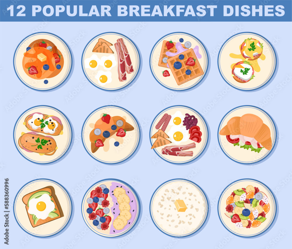 Fototapeta premium Popular breakfast dishes set. Healthy morning food top view. Eggs with bacon