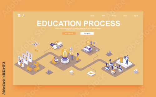 Education process concept 3d isometric landing page template. People studying, attend classes and library, discuss with students, graduation. Vector illustration in isometry graphic design.