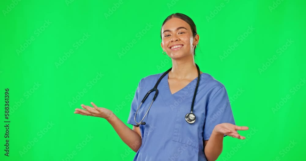 Healthcare, green screen and woman doctor presenting advice, information or health care announcement. Help, medicine and female medical professional presentation of hospital info on studio chromakey. Healthcare, green screen and woman doctor presenting advice, information or health care announcement. Help, medicine and female medical professional presentation of hospital info on studio chromakey.
