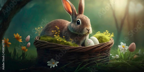 rabbit with easter eggs in basket with a forest background