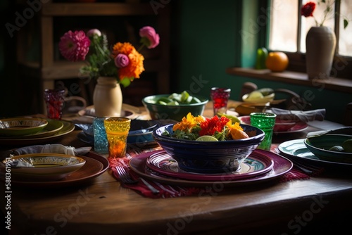 Cinco de Mayo table setting with a focus on traditional Mexican cuisine created with Generative AI technology