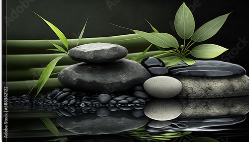 A zen spa with stack balanced stones and a bamboo on water   Generative AI