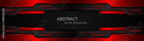 Abstract black and red polygon with red glow lines on dark steel mesh background with free space for design. modern technology innovation concept background
