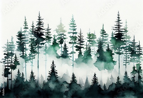 Watercolor Illustration of a Misty Fir Forest. Generative AI