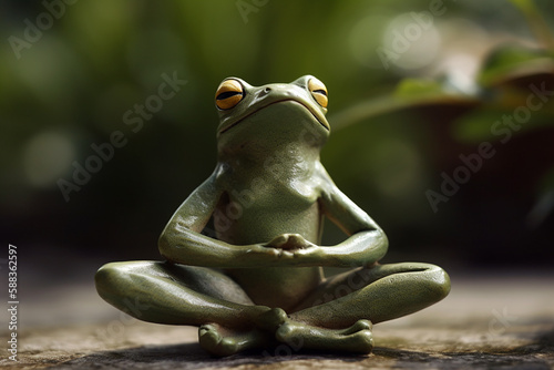 Funny frog do meditate pose on wooden table with blur background, Generative AI © Nitcharee