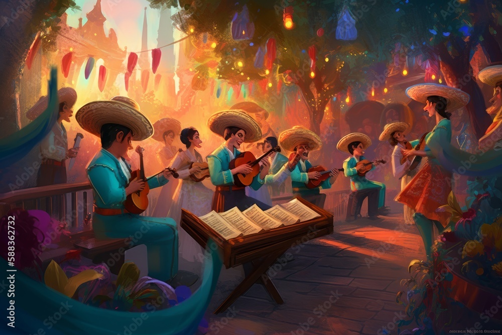 Cinco de Mayo mariachi band performing on an outdoor stage created with Generative AI technology