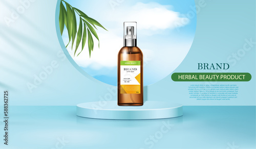 vector illustration herbal cosmetic ad design template,brown color spray bottle on the blue color round podium,use for liquid and serum and moisturizer.3d illustration.