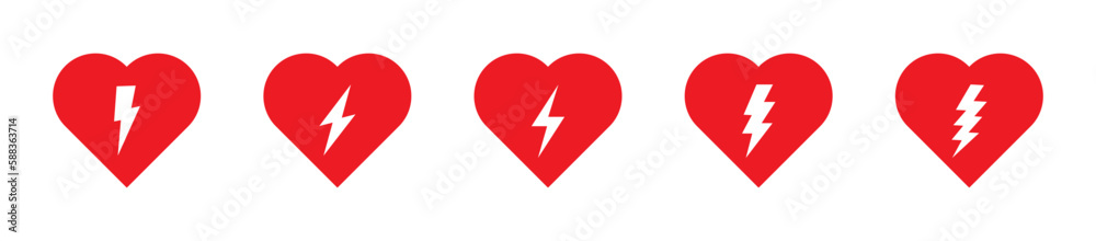 Heart with lightning bolt symbol flat vector icons. AED icon. Emergency defibrillator sign or icon. EPS 10 Heart with lightning bolt symbol flat vector icons. AED icon. Emergency defibrillator sign or icon. EPS 10